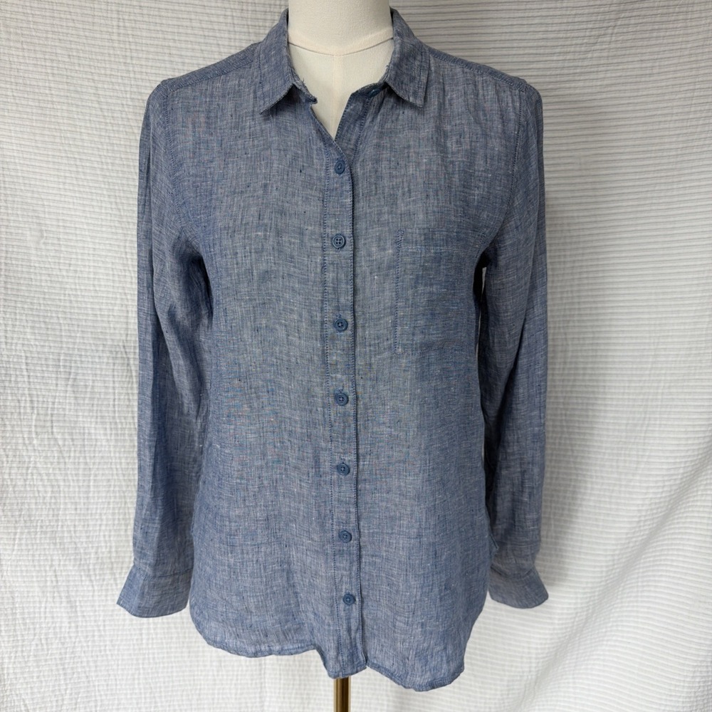 Garnet Hill Classic Linen Button Down Shirt 4 Blue Women Long Sleeves